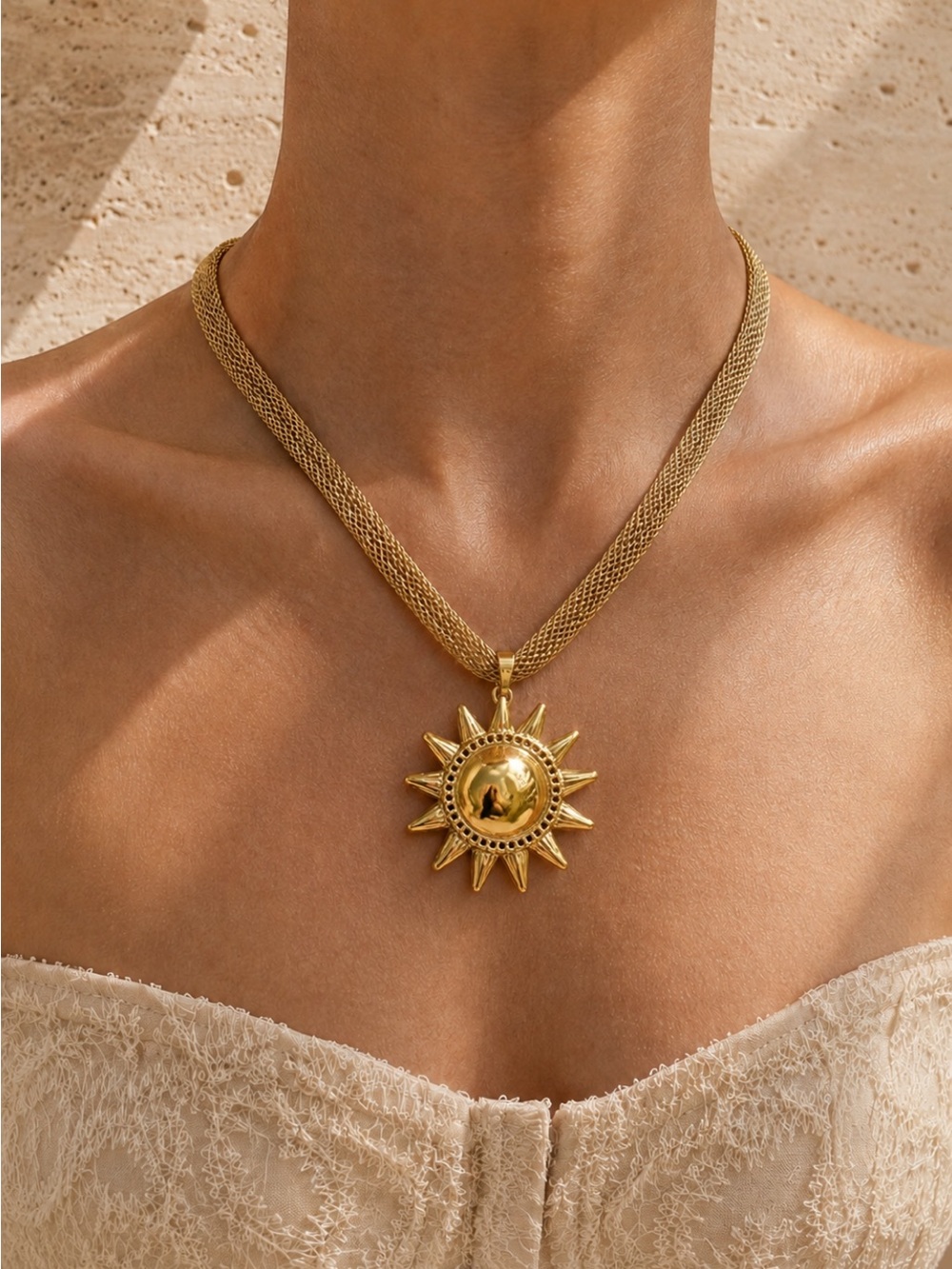 ELAN 18K 19” Gold Plated Sunburst Pendant Necklace Gold Mesh Chain NWT